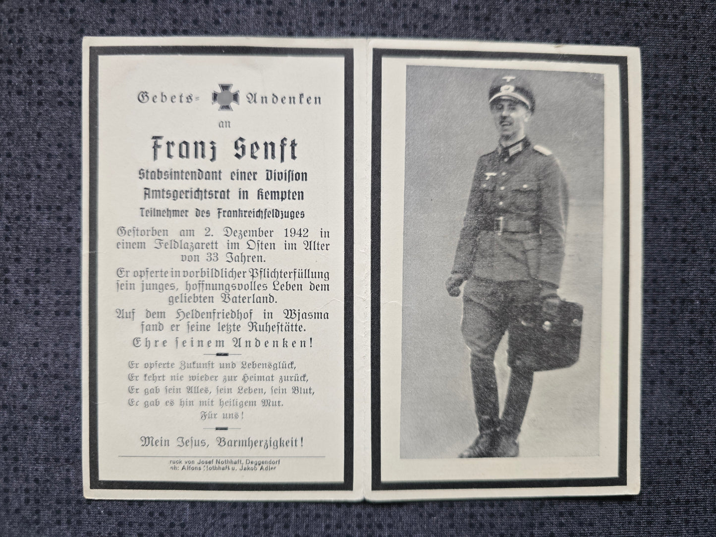Sterbebild Stabsintendant Metten 337. Inf. Division Wjasma Duchowschtschina Russland