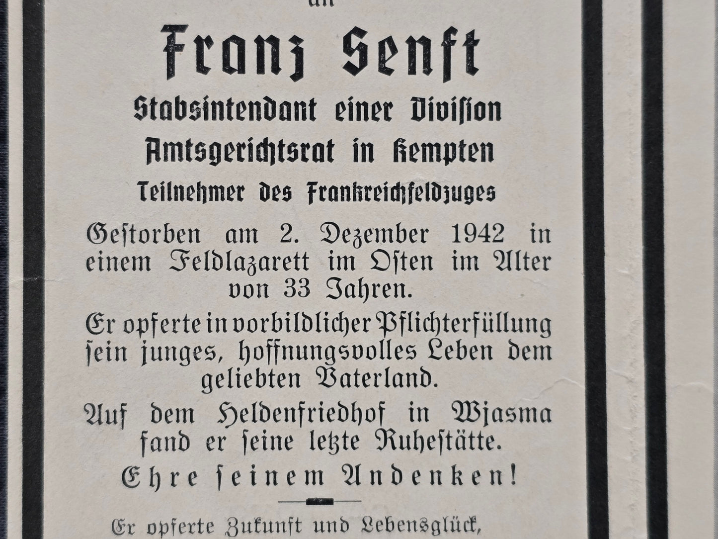Sterbebild Stabsintendant Metten 337. Inf. Division Wjasma Duchowschtschina Russland