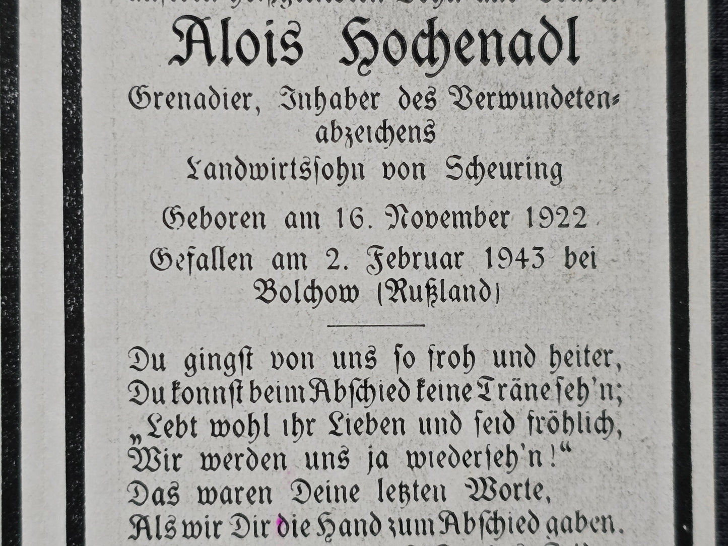 Sterbebild Grenadier Scheuring 1. Komp. Gren. Regt. 519 Nowaja-Derewnja Russland