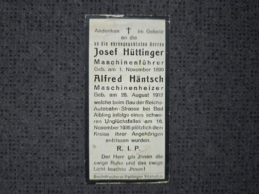 Sterbebild Maschinenführer & Maschinenheizer Bau Reichsautobahn Unfall Bad Aibling