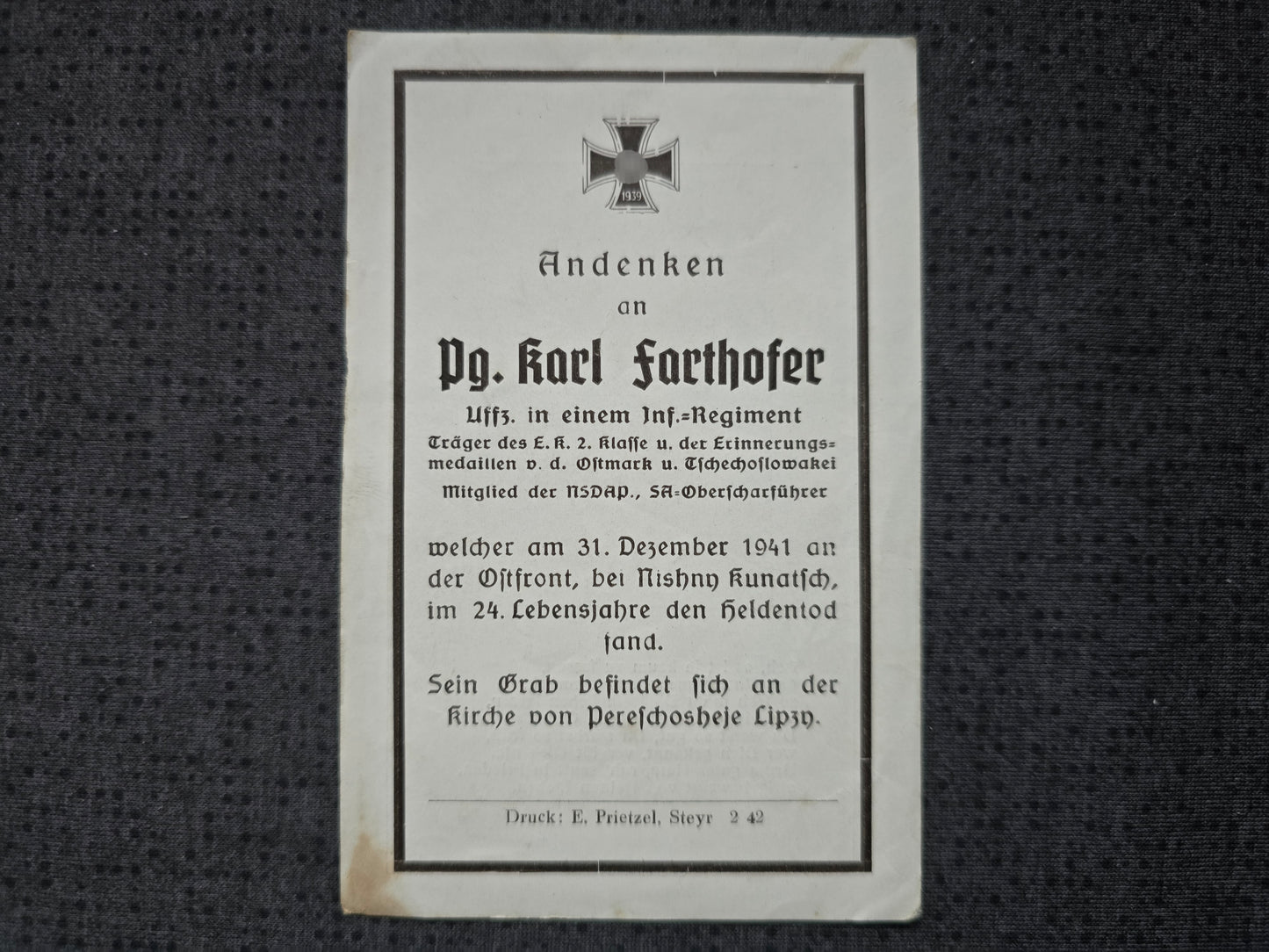 Sterbebild Unteroffizier Grünburg 6. Komp. Inf. Regt. 133 SA Oberscharführer Ostmark Medaille Nishny Kunatsch Russland