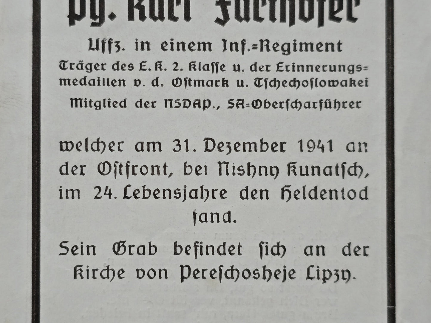 Sterbebild Unteroffizier Grünburg 6. Komp. Inf. Regt. 133 SA Oberscharführer Ostmark Medaille Nishny Kunatsch Russland