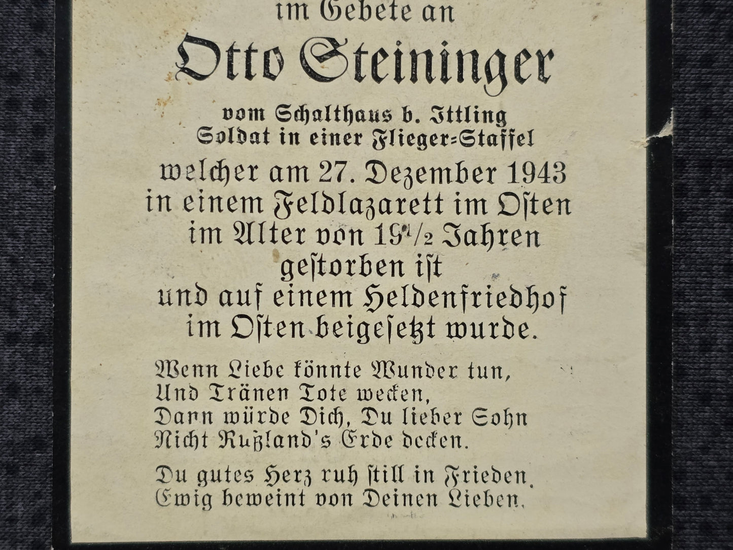 Sterbebild Flieger Untergrießbach Flieger-Staffel Pleskau Kriegslaz.LW. 2/VII