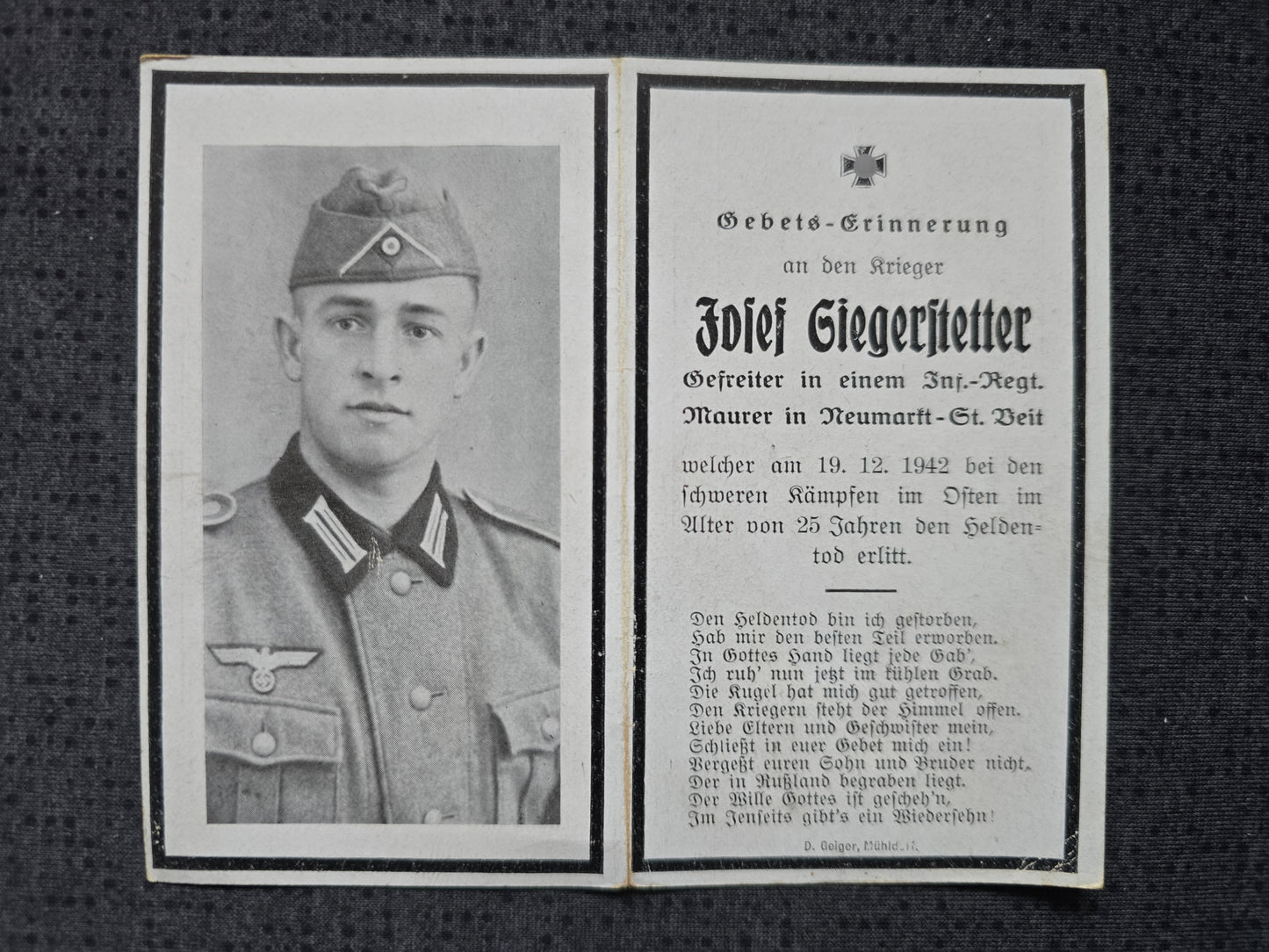 Sterbebild Gefreiter Schönberg 6. Komp. Gren. Regt. 688 Ssytschewka Russland
