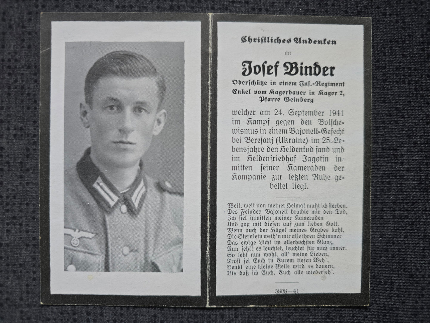 Sterbebild Oberschütze Geinberg 11. Komp. Inf. Regt. 133 Bajonett Gefecht Nahkampf Beresan Ukraine
