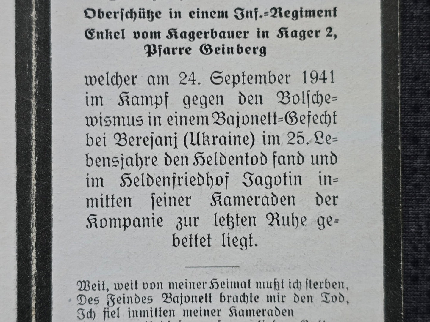 Sterbebild Oberschütze Geinberg 11. Komp. Inf. Regt. 133 Bajonett Gefecht Nahkampf Beresan Ukraine