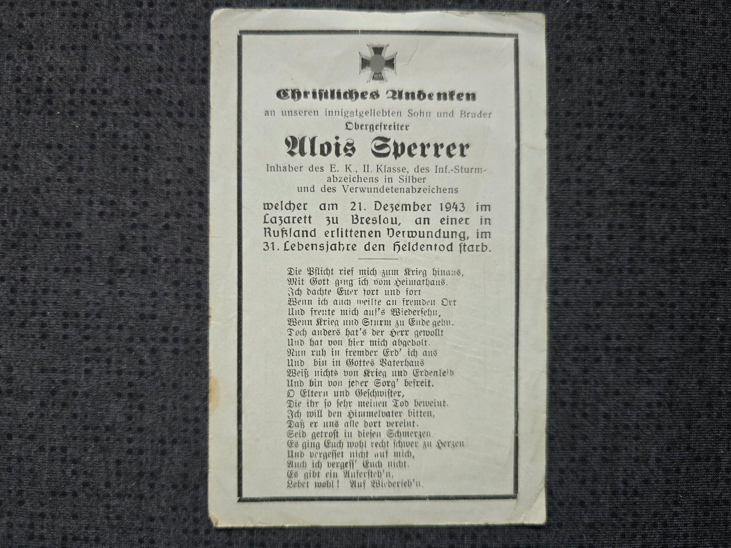 Sterbebild Obergefreiter Grünberg 7. Komp. Gren. Regt. 258 Lazarett Breslau Wroclaw Polen