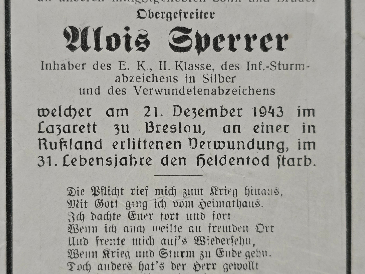 Sterbebild Obergefreiter Grünberg 7. Komp. Gren. Regt. 258 Lazarett Breslau Wroclaw Polen