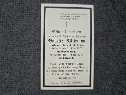 Sterbebild Luftnachrichtenoberhelferin Kipfenberg Endkampf Eisenach Thüringen