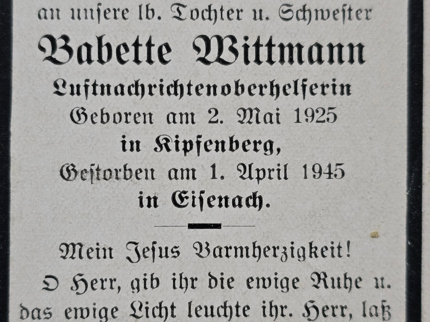Sterbebild Luftnachrichtenoberhelferin Kipfenberg Endkampf Eisenach Thüringen