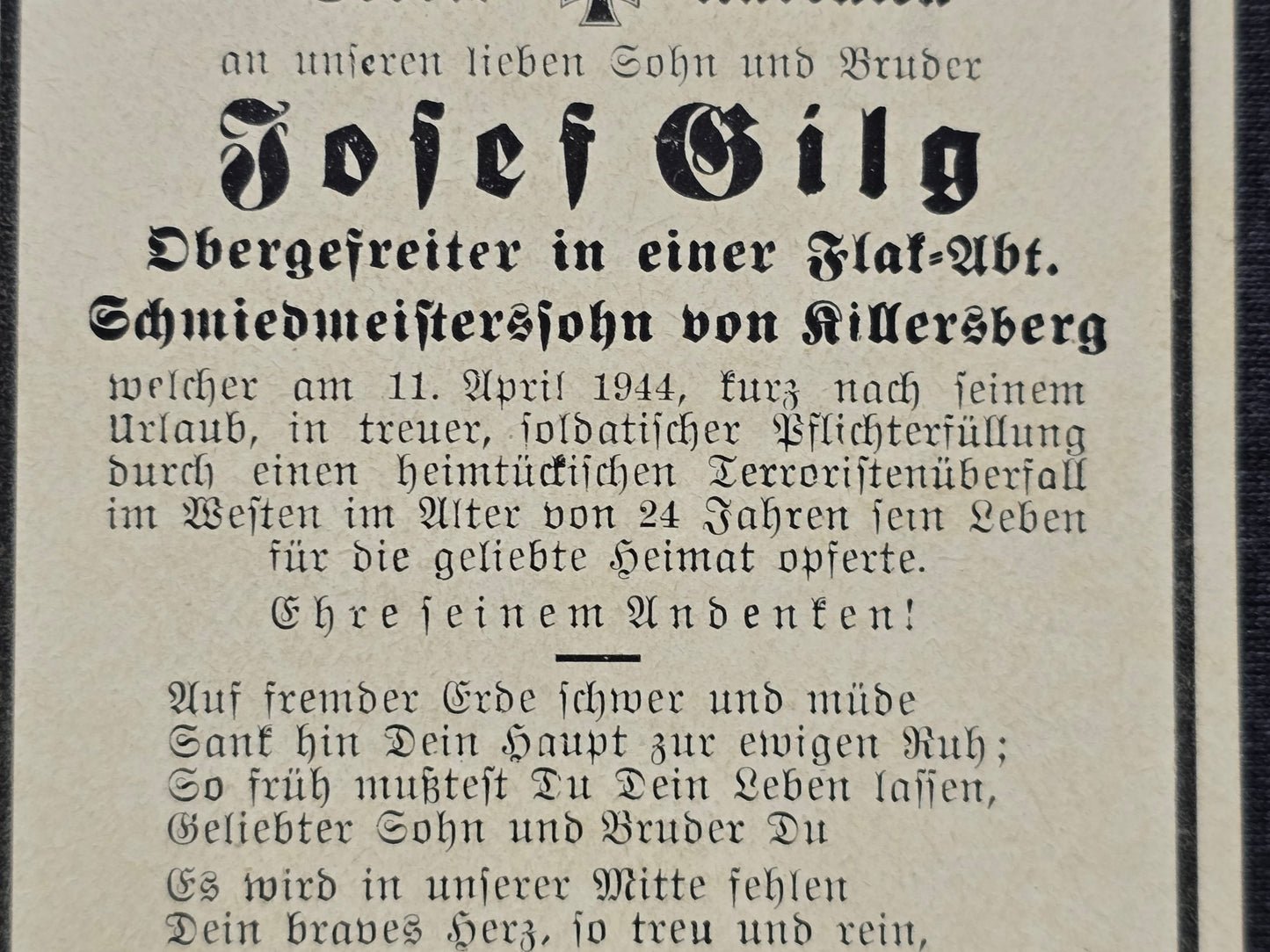 Sterbebild Obergefreiter Killersberg 3. Batterie Leichte Flak Abt. 752 Guipavas Ploudaniel-Lesneven Frankreich
