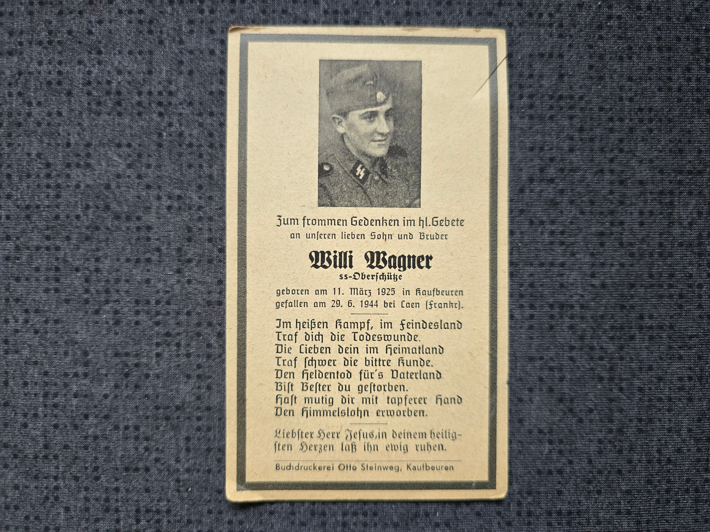 Sterbebild SS-Oberschütze Kaufbeuren Normandie Caen Frankreich