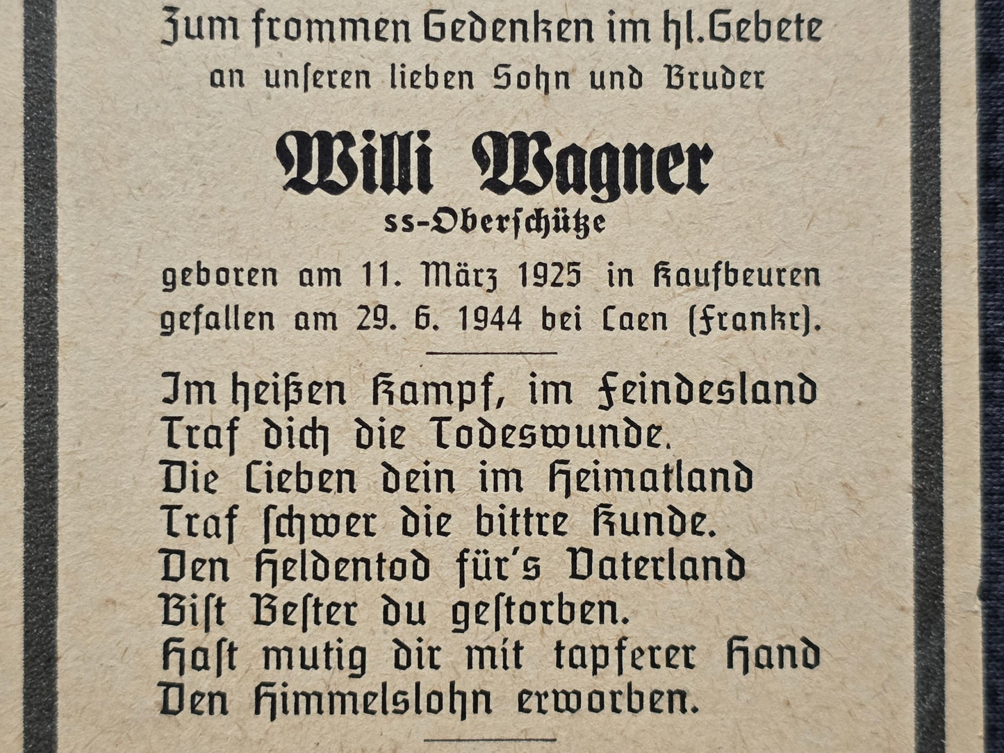 Sterbebild SS-Oberschütze Kaufbeuren Normandie Caen Frankreich