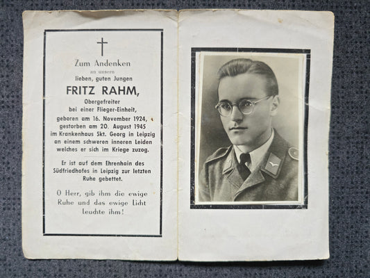 Sterbebild Obergefreiter Flieger-Einheit Endkampf Echtfoto Leipzig Südfriedhof Deutschland
