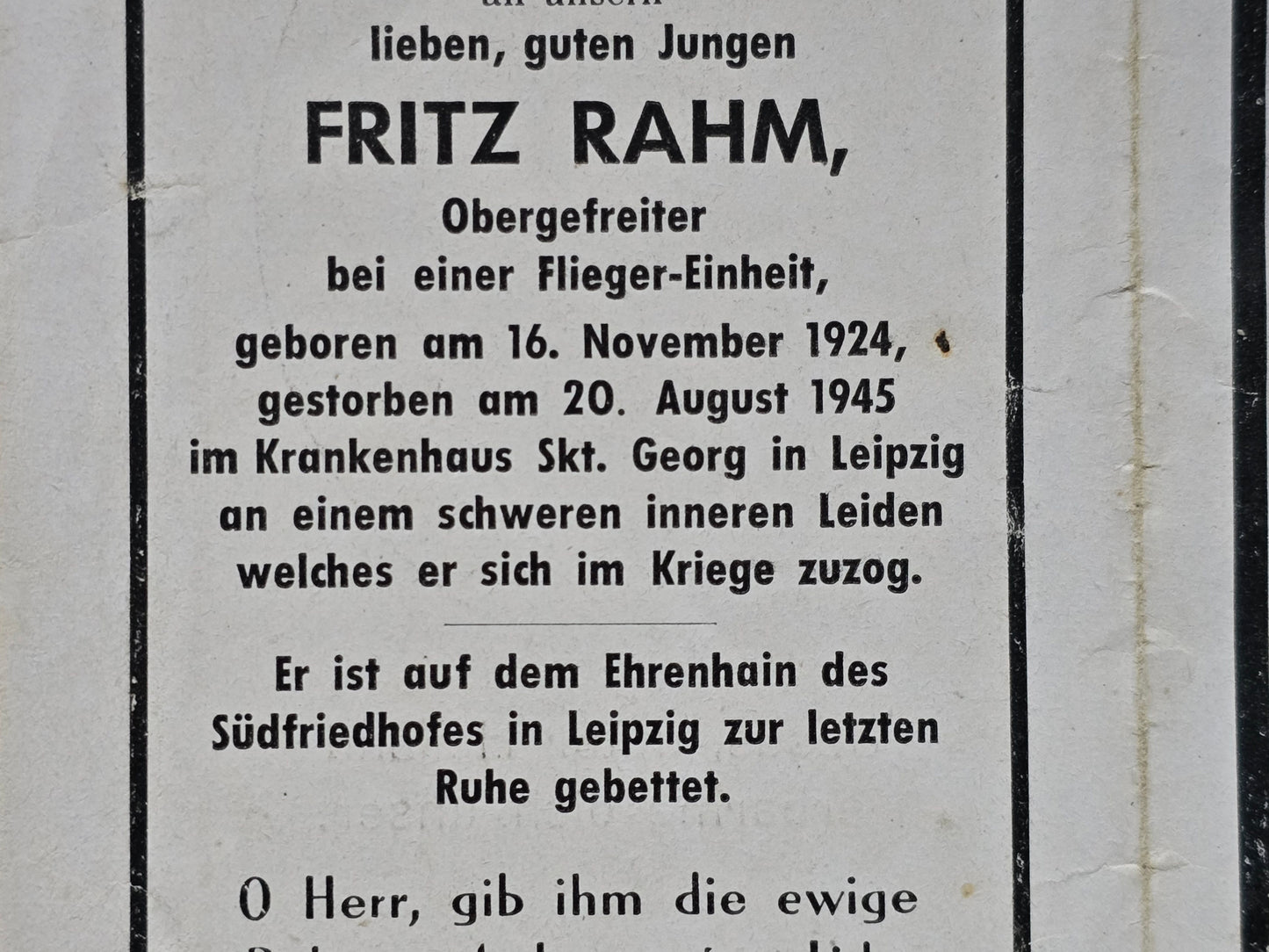 Sterbebild Obergefreiter Flieger-Einheit Endkampf Echtfoto Leipzig Südfriedhof Deutschland
