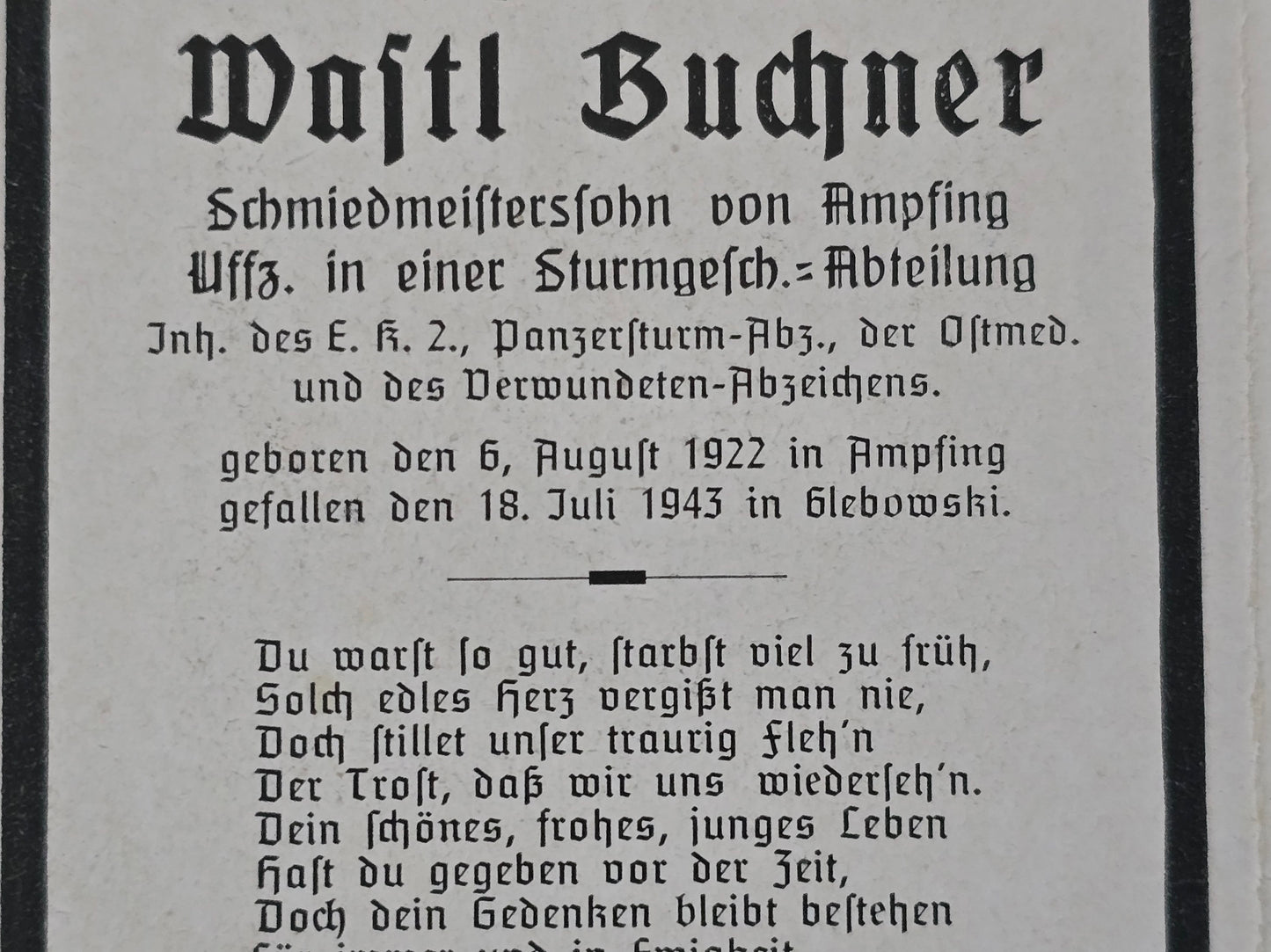 Sterbebild Unteroffizier Ampfing 2. Batterie Sturmgeschütz Abt. 177 PSA Masslowo Russland