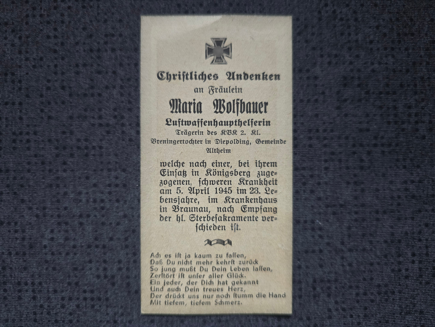 Sterbebild Luftwaffenhaupthelferin Diepolding KVK Endkampf Königsberg Braunau