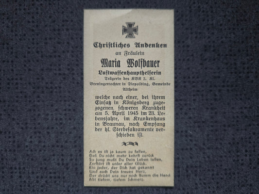 Sterbebild Luftwaffenhaupthelferin Diepolding KVK Endkampf Königsberg Braunau