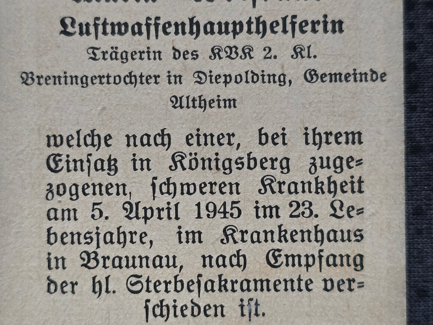 Sterbebild Luftwaffenhaupthelferin Diepolding KVK Endkampf Königsberg Braunau