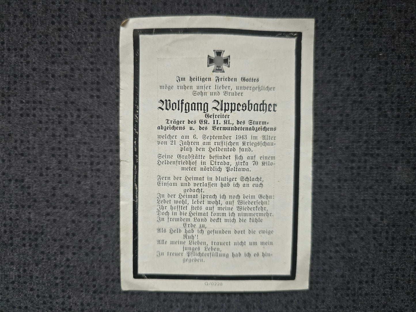 Sterbebild Gefreiter St. Wolfgang 5. Batterie Schwere Art. Abt. (Mot) II/62 Poltawa Ukraine