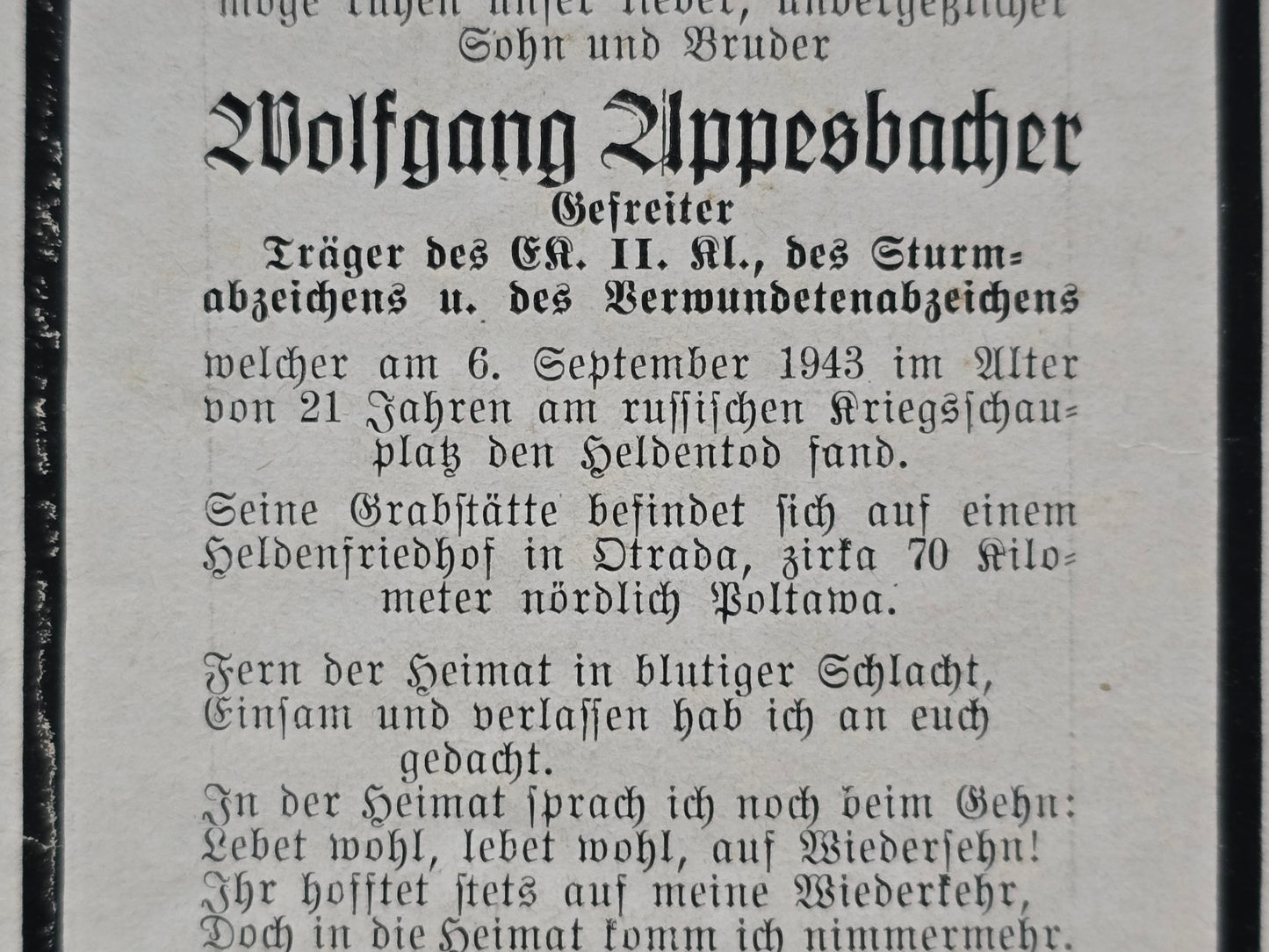 Sterbebild Gefreiter St. Wolfgang 5. Batterie Schwere Art. Abt. (Mot) II/62 Poltawa Ukraine