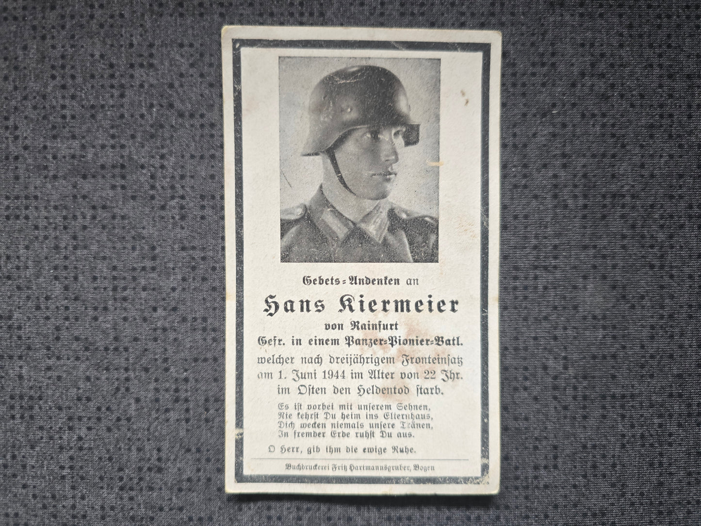 Sterbebild Gefreiter Reinfurt 2. Komp. Panzer Pio. Btl. 13 Gunzor Voda Rumänien