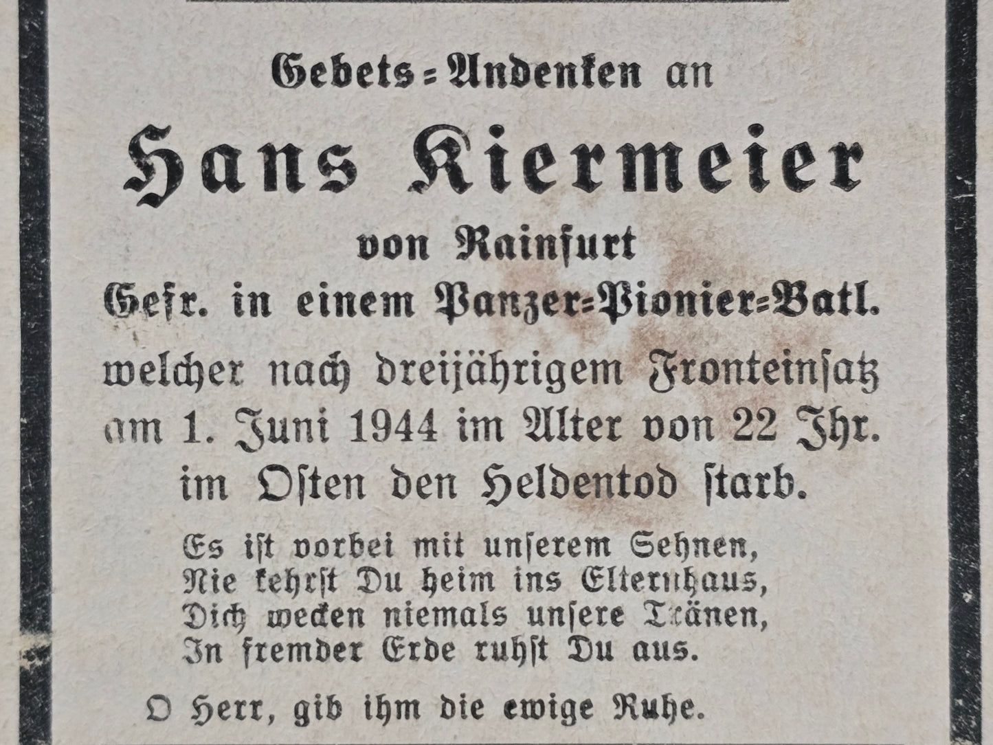 Sterbebild Gefreiter Reinfurt 2. Komp. Panzer Pio. Btl. 13 Gunzor Voda Rumänien