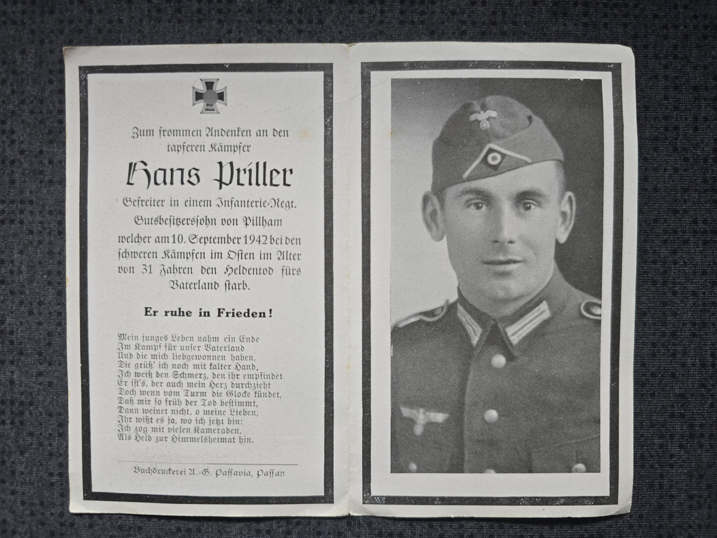 Sterbebild Gefreiter Pillham 2. Komp. Inf. Regt. 320 Krutike Russland