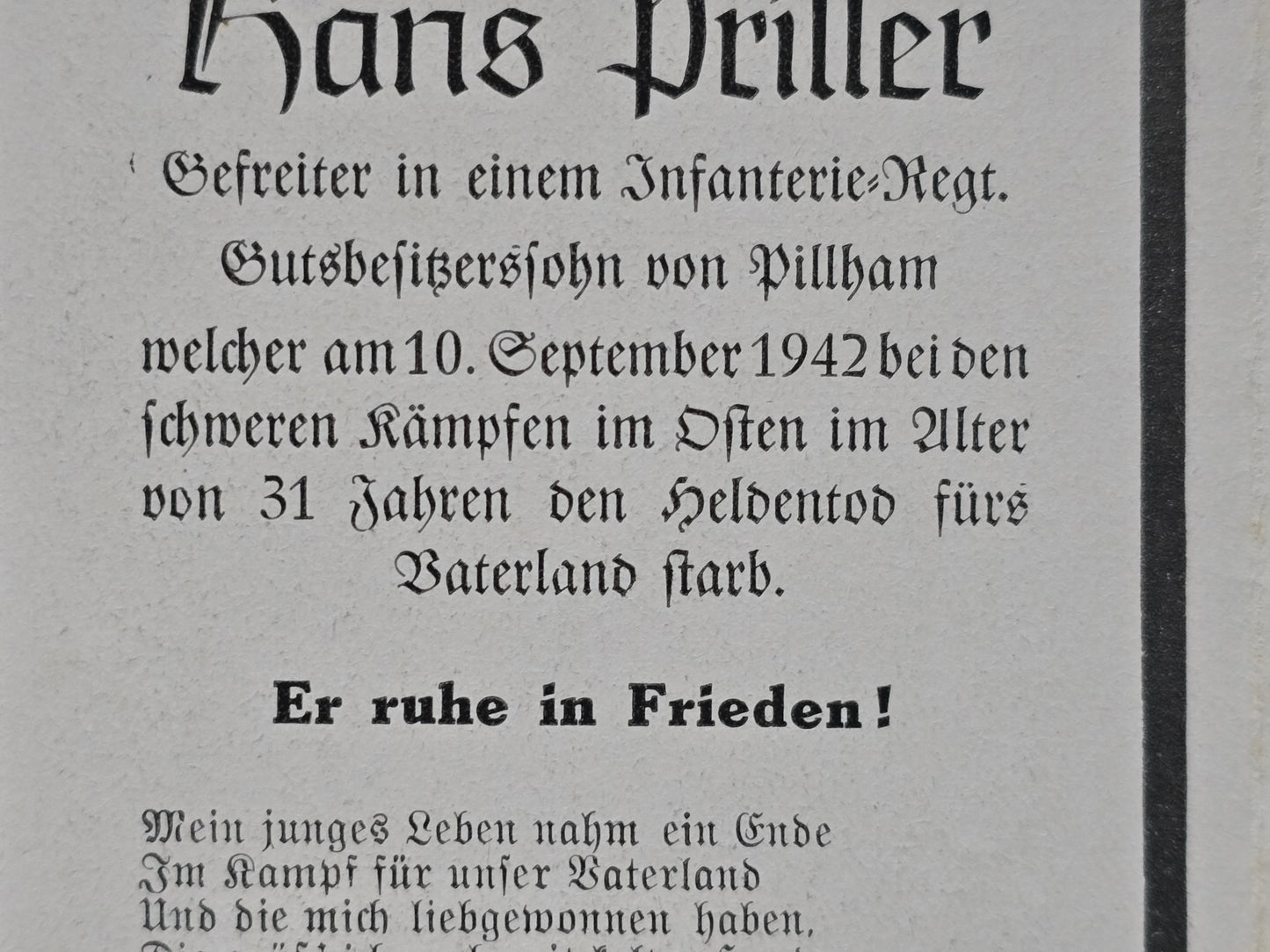 Sterbebild Gefreiter Pillham 2. Komp. Inf. Regt. 320 Krutike Russland