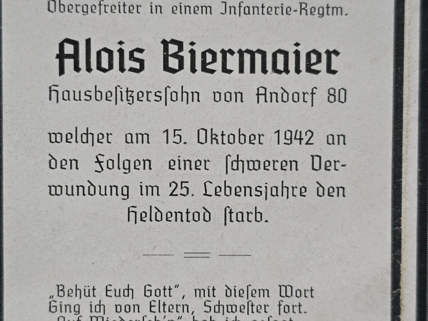 Sterbebild Obergefreiter Eggerding 3. Inf. Regt. 524 Gawrilowka Russland