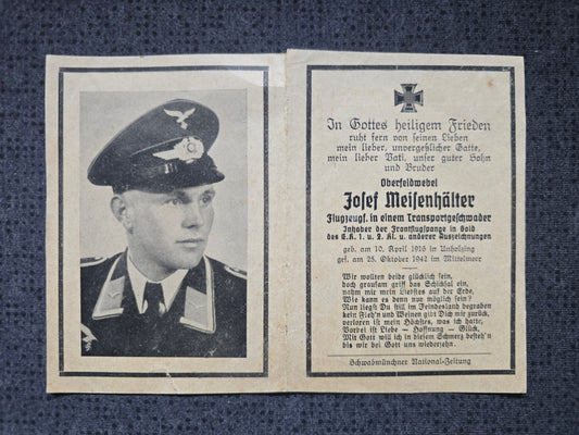 Sterbebild Oberfeldwebel Unholzing Pilot 11./KG-G. Z. B. V. 1 FFS Gold Absturz Mittelmeer Kreta Afrika