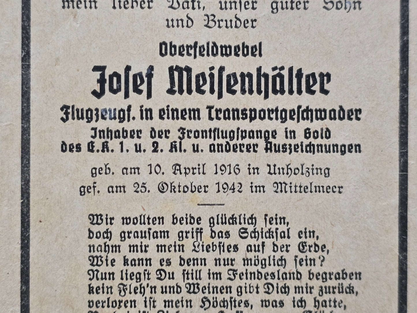 Sterbebild Oberfeldwebel Unholzing Pilot 11./KG-G. Z. B. V. 1 FFS Gold Absturz Mittelmeer Kreta Afrika