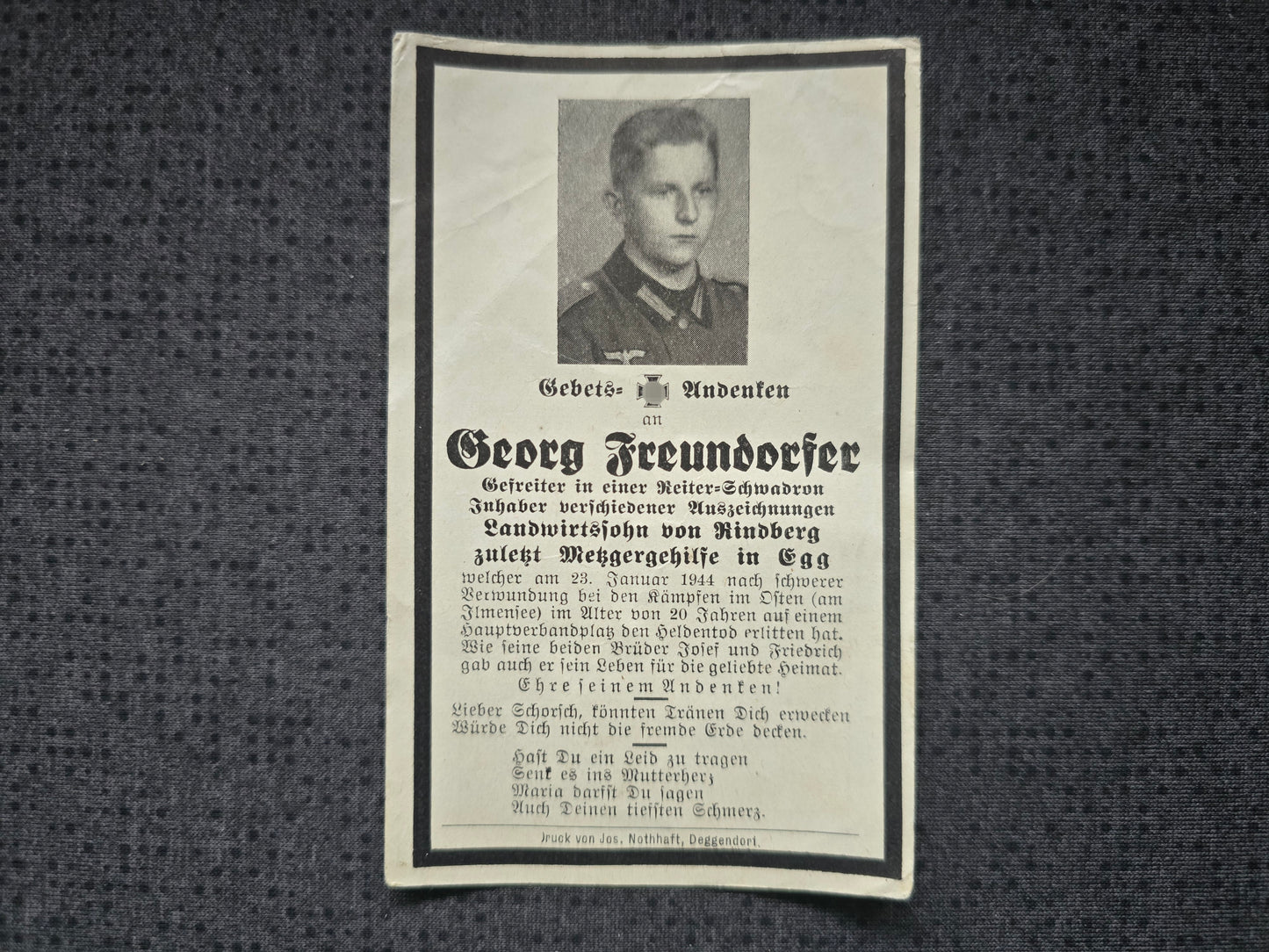 Sterbebild Gefreiter Rindberg Reiterschwadron 4. Aufkl. Abt. 8 Ilmensee Korpowo Russland