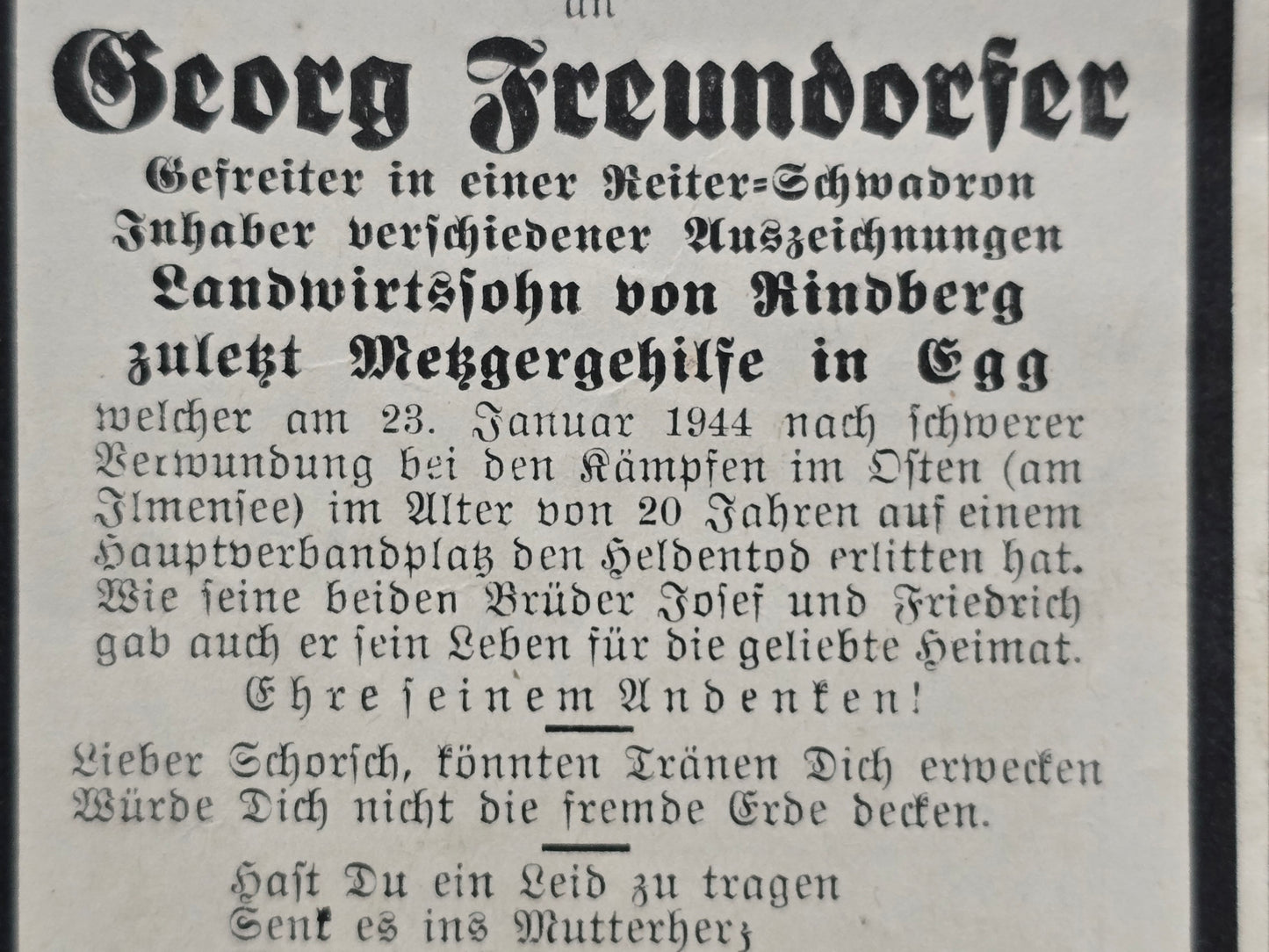 Sterbebild Gefreiter Rindberg Reiterschwadron 4. Aufkl. Abt. 8 Ilmensee Korpowo Russland