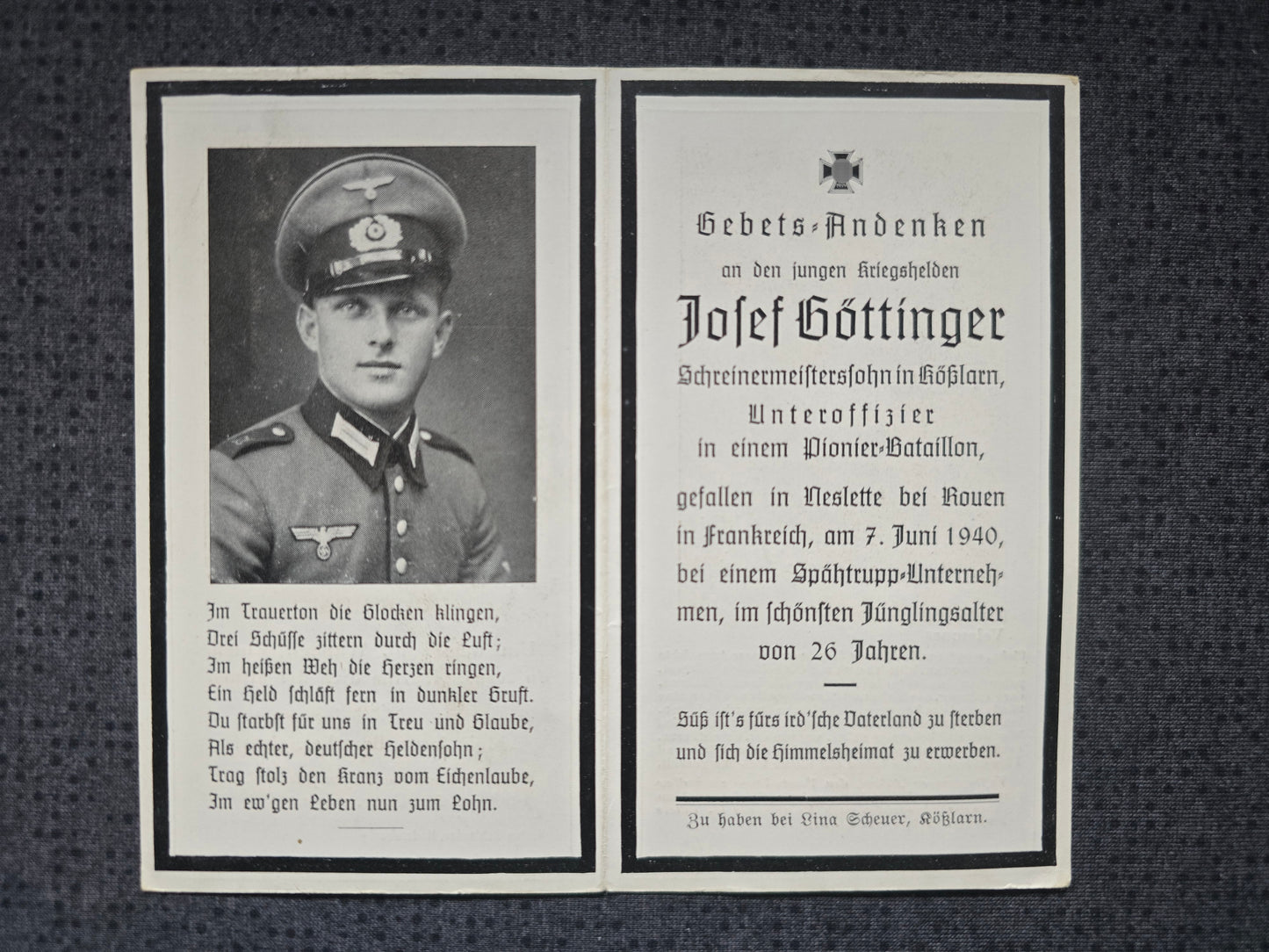 Sterbebild Unteroffizier Kösslarn 2. Komp. Pio. Btl. 157 Spähtrupp Bresle Neslette Frankreich