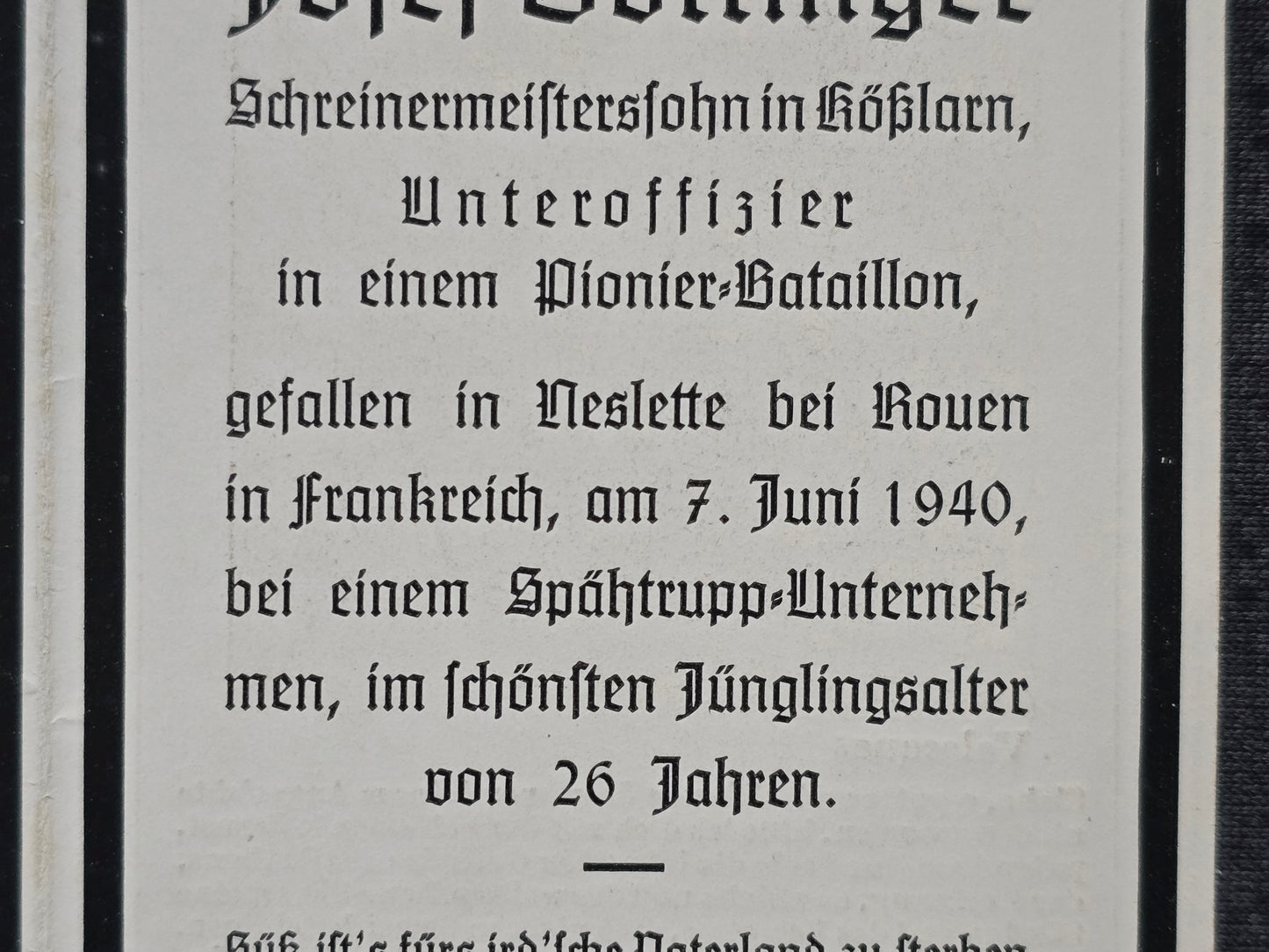 Sterbebild Unteroffizier Kösslarn 2. Komp. Pio. Btl. 157 Spähtrupp Bresle Neslette Frankreich