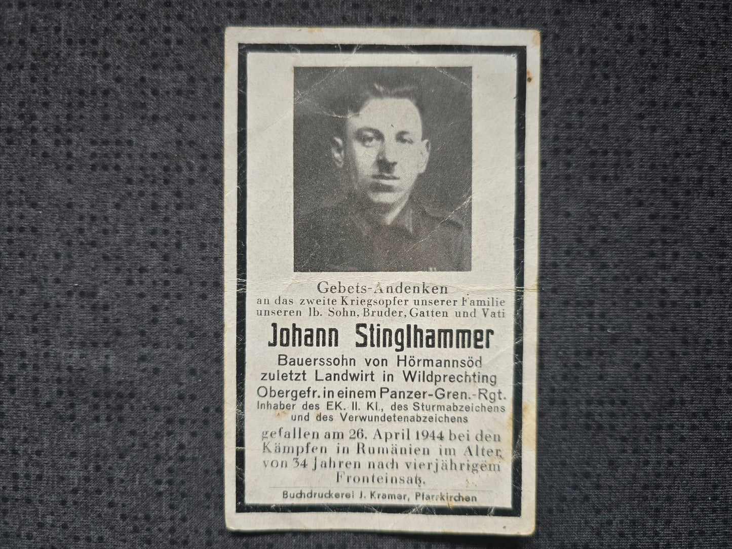 Sterbebild Obergefreiter Hörmannsöd 2. Panzer-Gren. Regt. 66 Speia Moldawien Rümänien