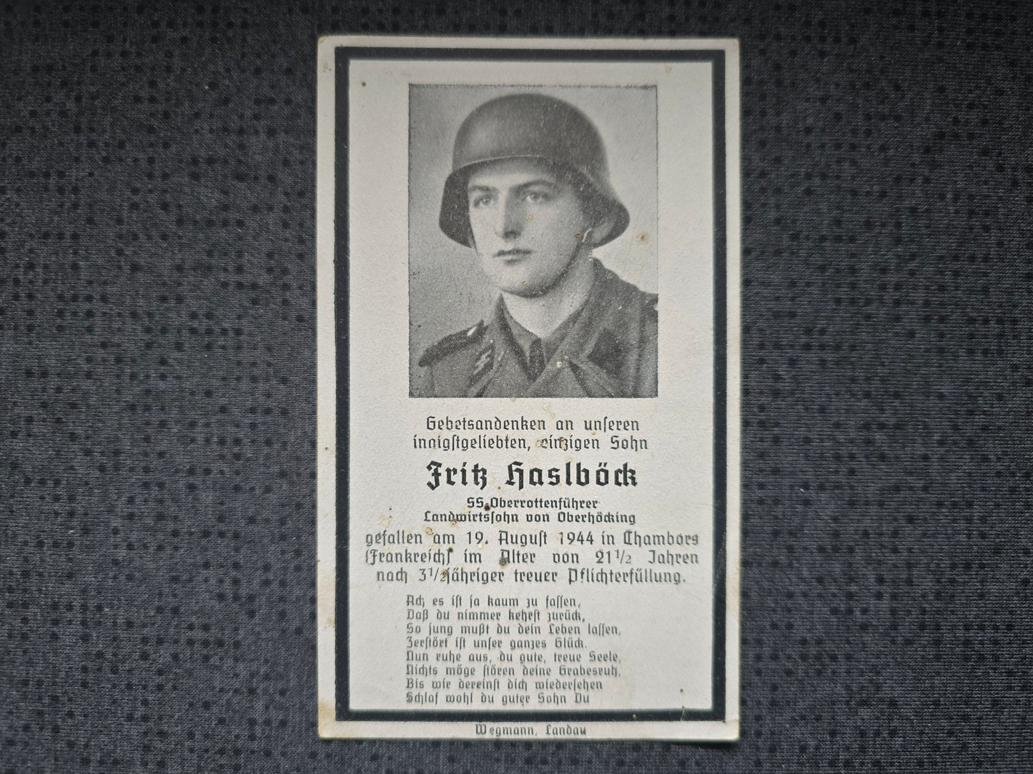 Sterbebild SS-Oberrottenführer Oberhöcking Chambois Normandie Invasionsfront Frankreich