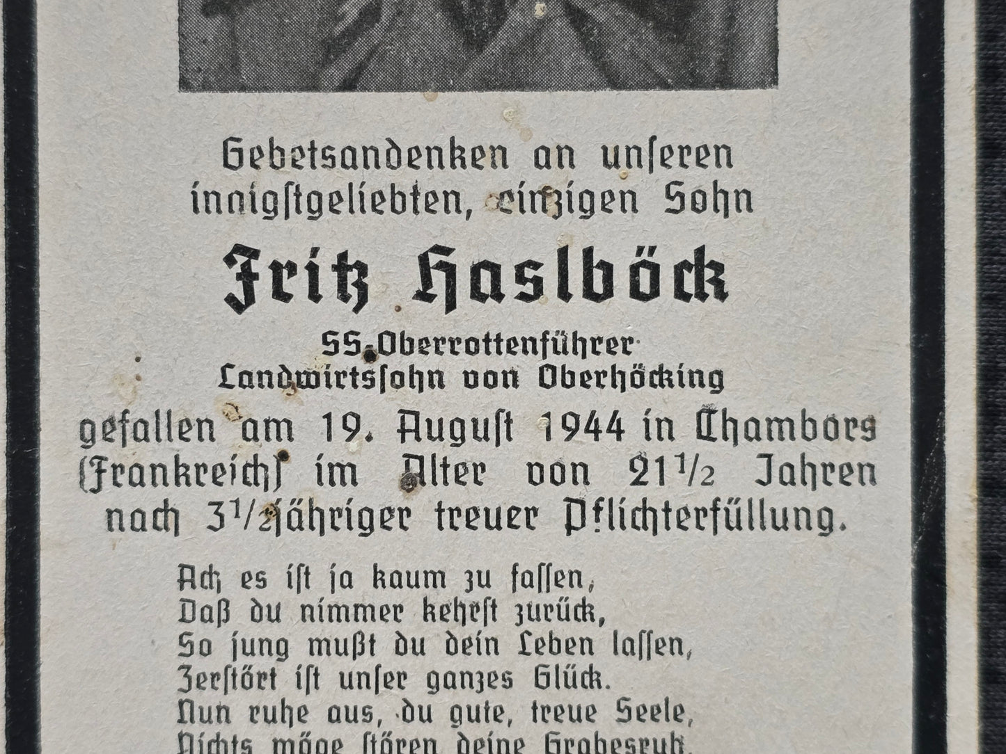 Sterbebild SS-Oberrottenführer Oberhöcking Chambois Normandie Invasionsfront Frankreich