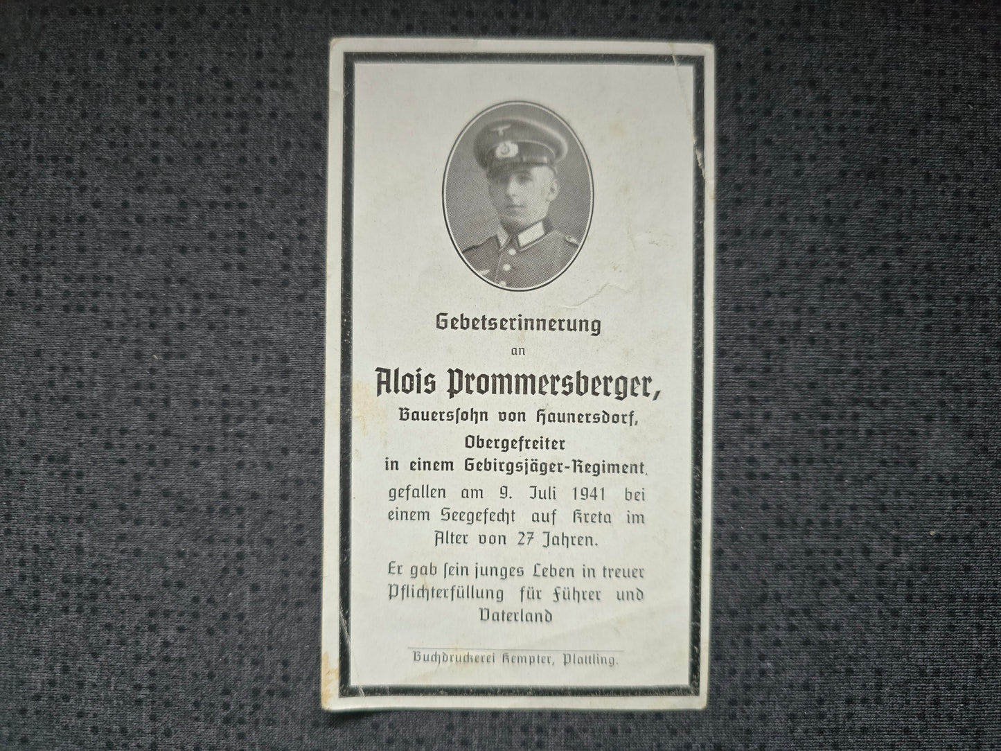 Sterbebild Obergefreiter Haunersdorf 9. Komp. Geb. Jäger Regt. 85 Seegefecht Suda Kreta Griechenland