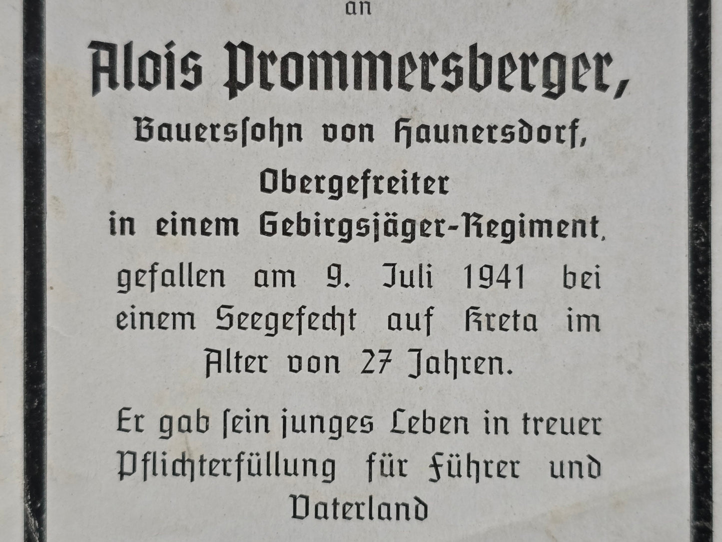 Sterbebild Obergefreiter Haunersdorf 9. Komp. Geb. Jäger Regt. 85 Seegefecht Suda Kreta Griechenland