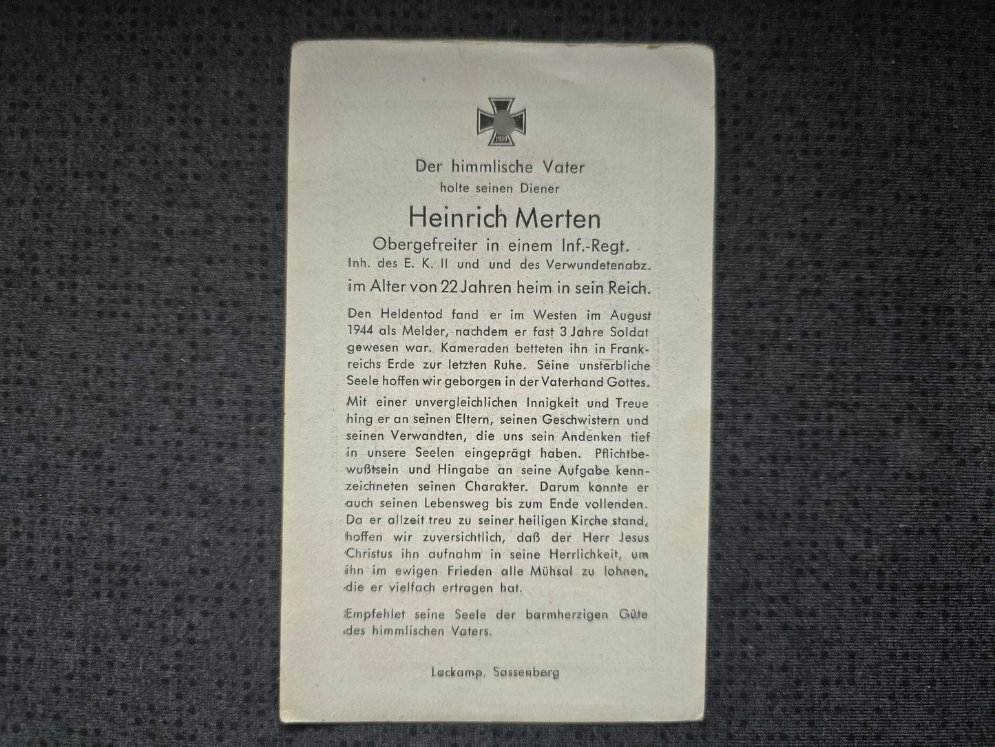 Sterbebild Obergefreiter Melder Infanterie Regt. Westen Frankreich