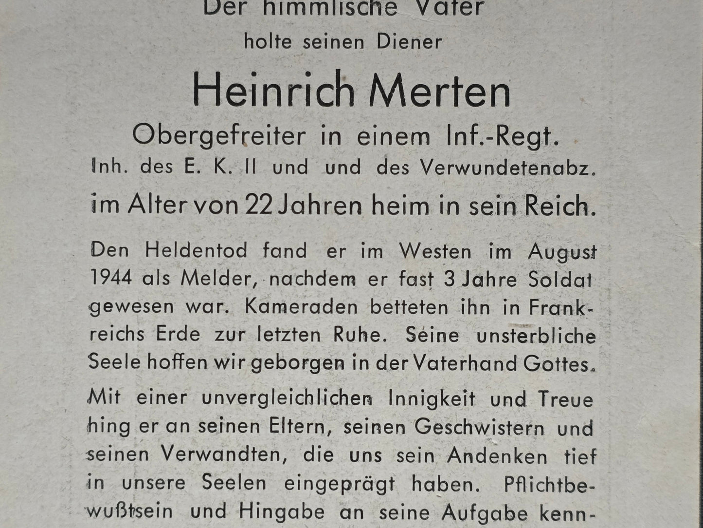 Sterbebild Obergefreiter Melder Infanterie Regt. Westen Frankreich