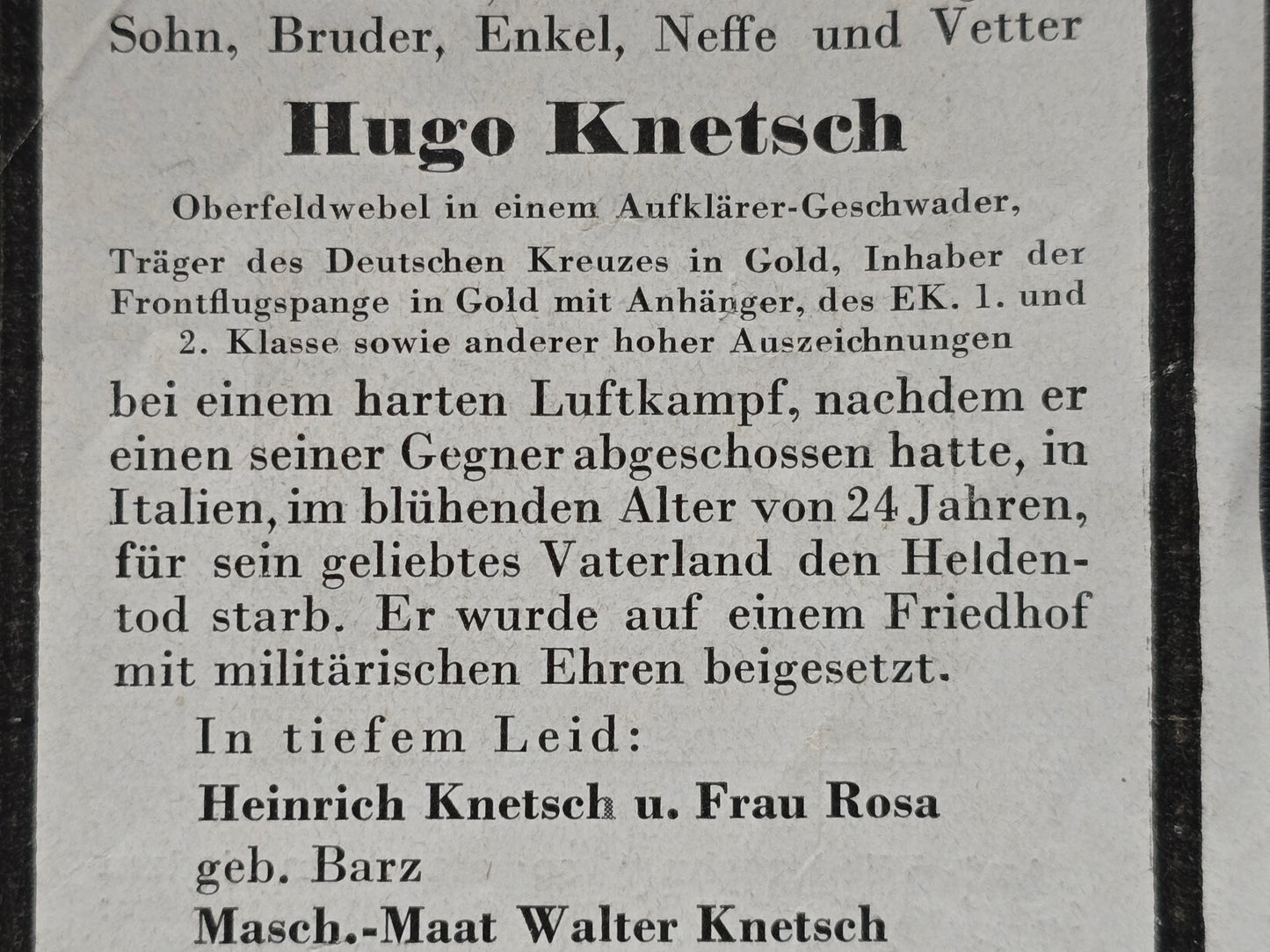 Sterbebild Oberfeldwebel Koblenz Fernaufklärungsstaffel 2(F)/122 DKiG FFS Gold Castigliano Italien