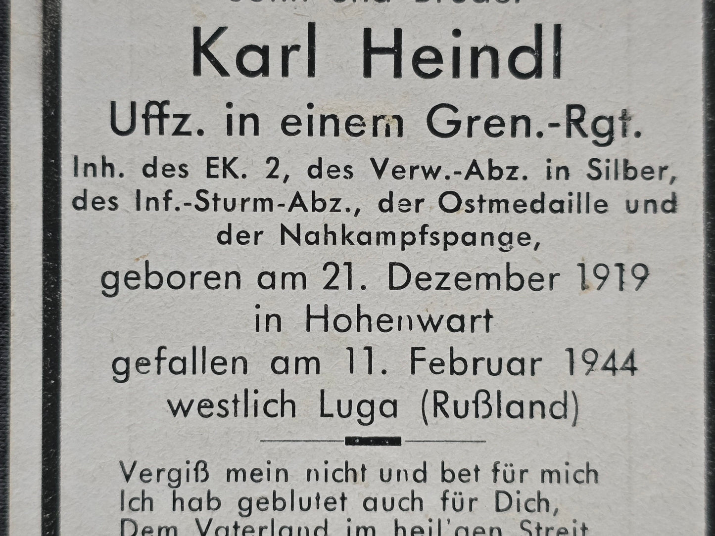 Sterbebild Unteroffizier Hohenwart 7. Komp. Gren. Regt. 316 NKS Luga Russland