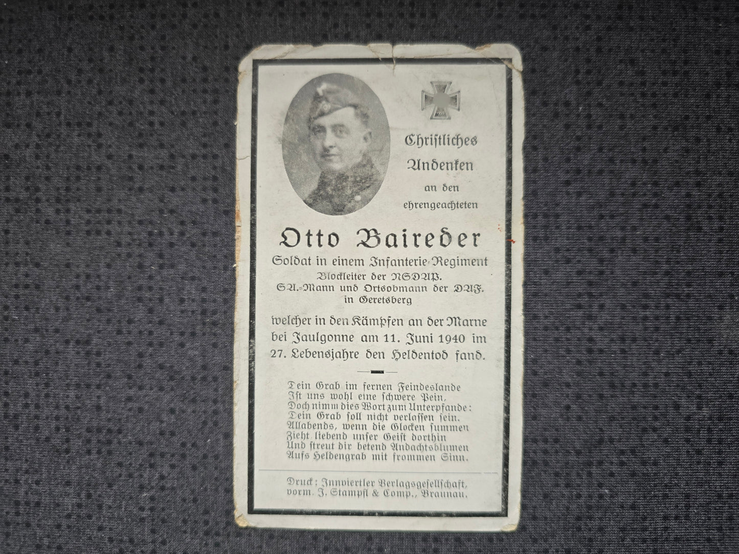 Sterbebild Schütze Geretsberg 13. Komp. Inf. Regt. 35 SA-Mann Jaulgonne Frankreich