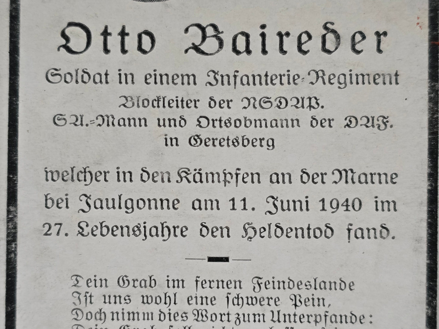 Sterbebild Schütze Geretsberg 13. Komp. Inf. Regt. 35 SA-Mann Jaulgonne Frankreich