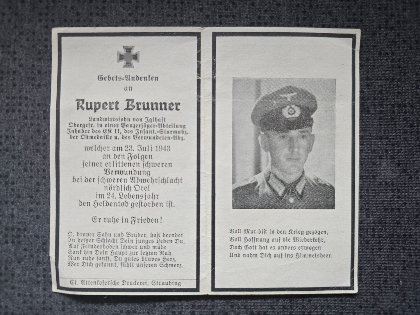 Sterbebild Obergefreiter Iglhaft 1. Panzerjäger Abt. 10 (Mot) Orel Russland