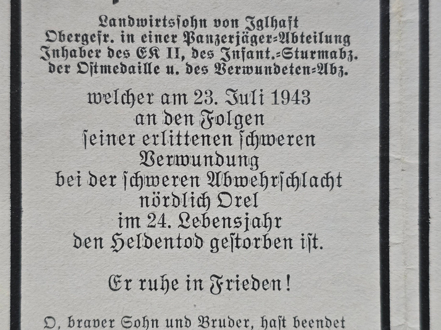 Sterbebild Obergefreiter Iglhaft 1. Panzerjäger Abt. 10 (Mot) Orel Russland