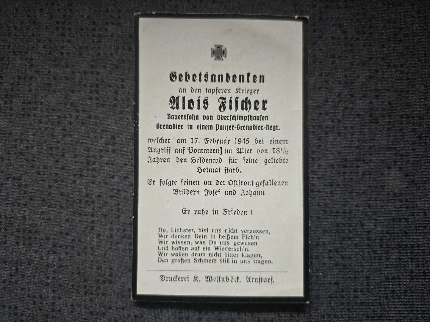 Sterbebild Grenadier Schimpfhausen Panzer-Grenadier Regt. Endkampf Buchholz Pommern
